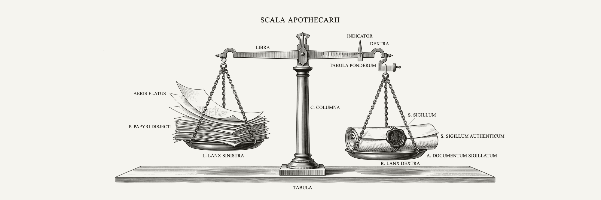 Engraving of a balance scale weighing a sealed document against loose papers.