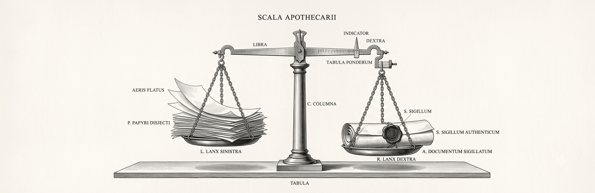 Engraving of a balance scale weighing a sealed document against loose papers.