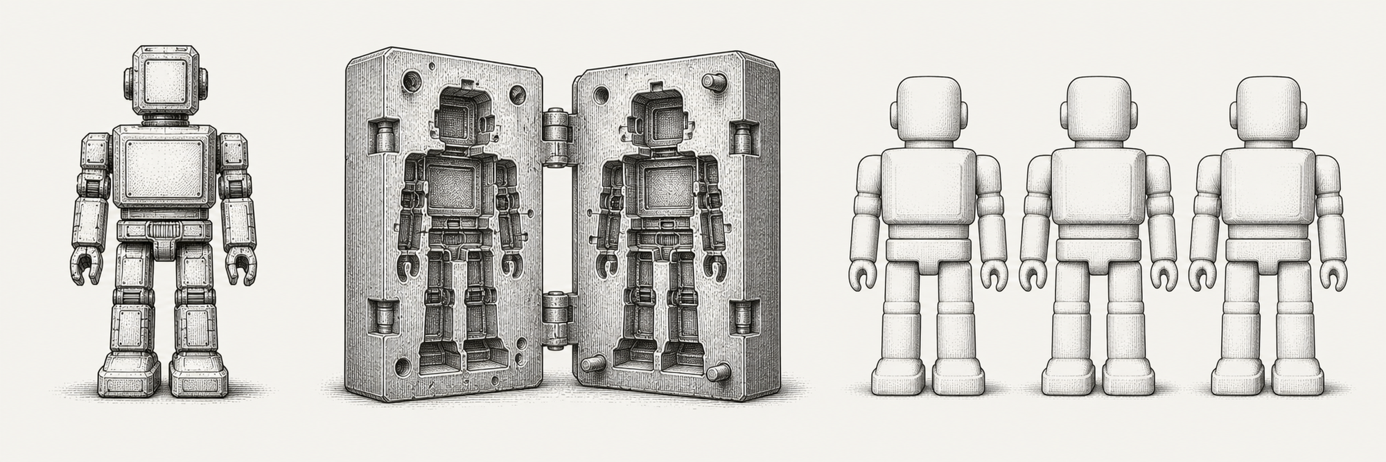 Engraving-style sequence showing a finished boxy robot, an open two-part mold, and three blank toy figures.