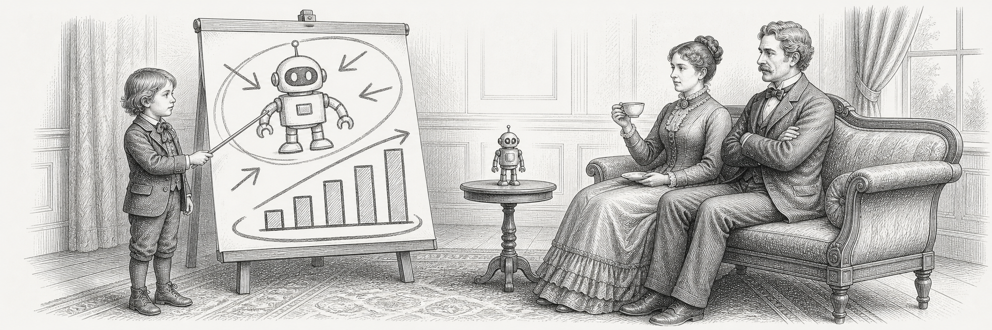 A child presents a robot diagram and rising bar chart to two seated Victorian adults, with a toy robot between them.