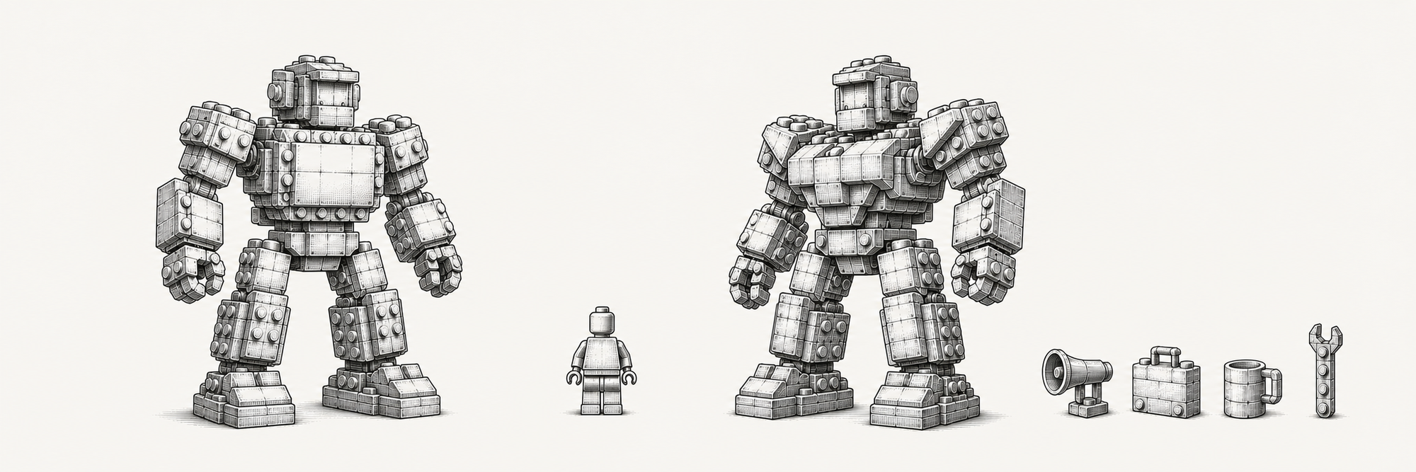 Two large brick-built robots flank a tiny pilot figure and four accessories: a spotlight, device, mug, and wrench.