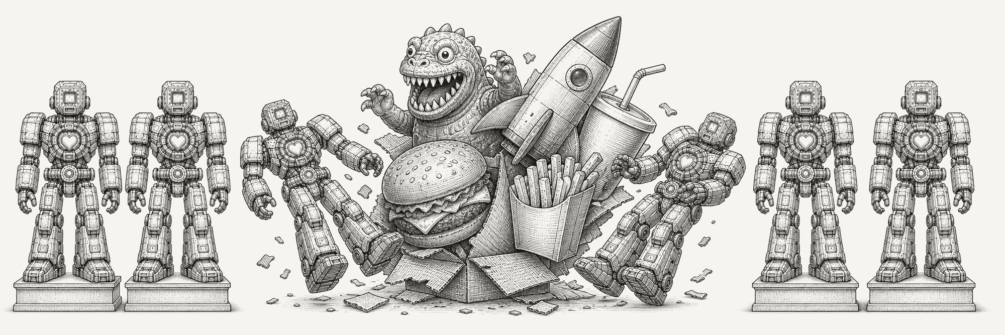 Heart-chested robot figures surround a chaotic pile of a monster, rocket, burger, fries, and drink.