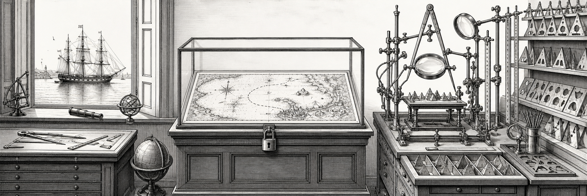 A waiting ship faces a locked nautical map while an elaborate inspection rig measures shelves of tiny triangle mountains.