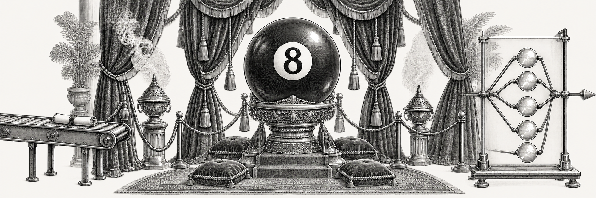 A scroll rides toward an ornate eight-ball Oracle while a plain five-node decision mechanism has already reached its pointer.