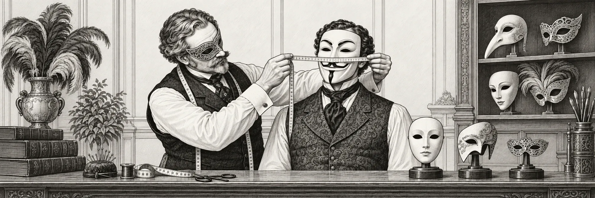 A masked Victorian tailor measures a customer's Guy Fawkes mask, with full-face, half-face, and eye masks displayed on the counter.