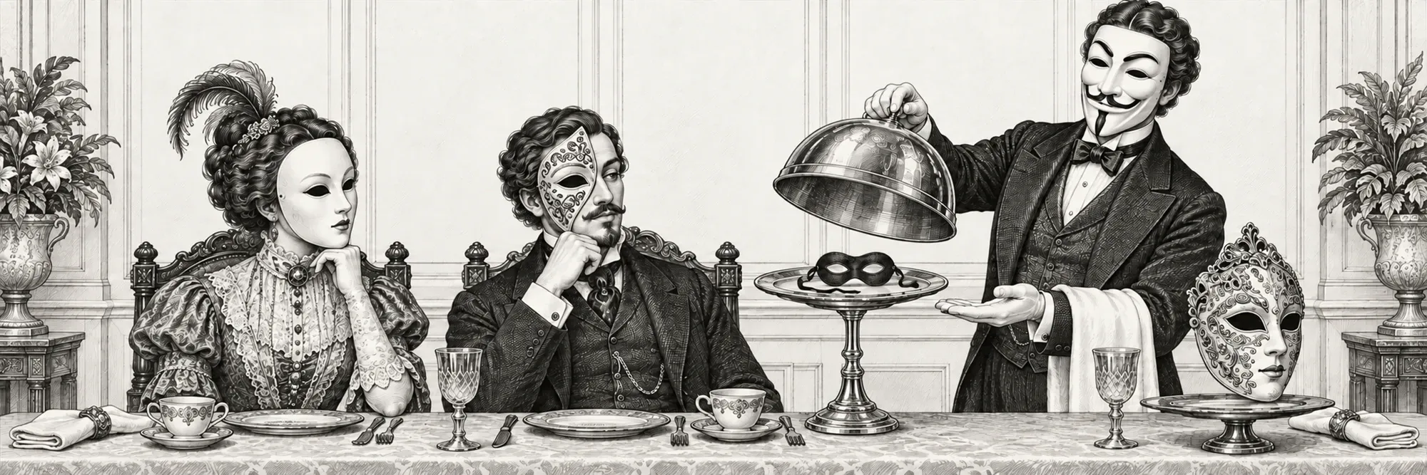 A masked waiter unveils a tiny eye mask for two Victorian diners, one wearing a full-face mask and the other a half-mask.