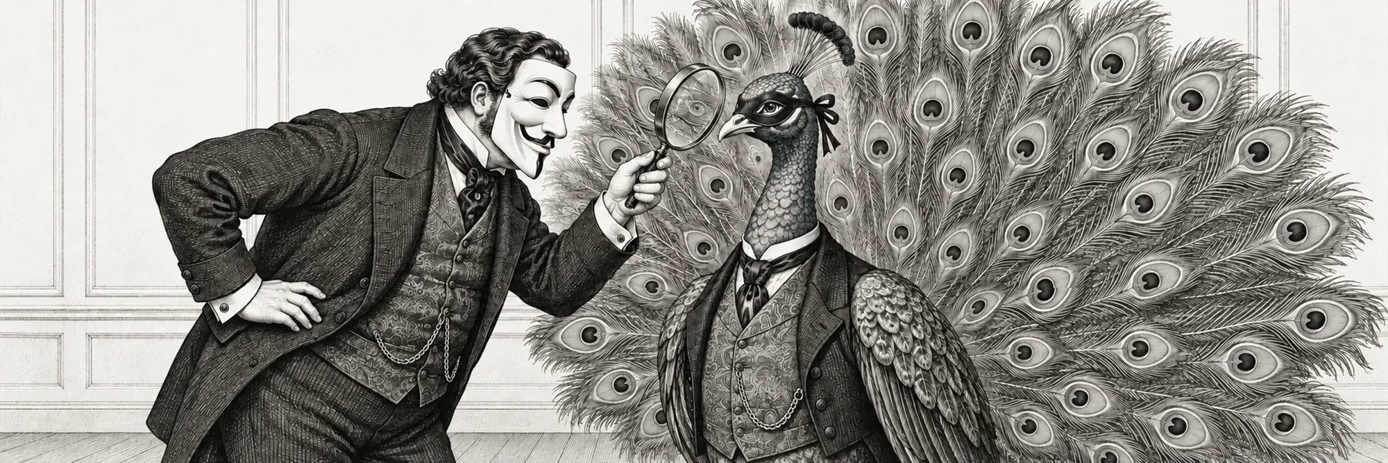 A masked inspector examines a peacock wearing a tiny eye mask while its enormous fan of tail feathers remains exposed.