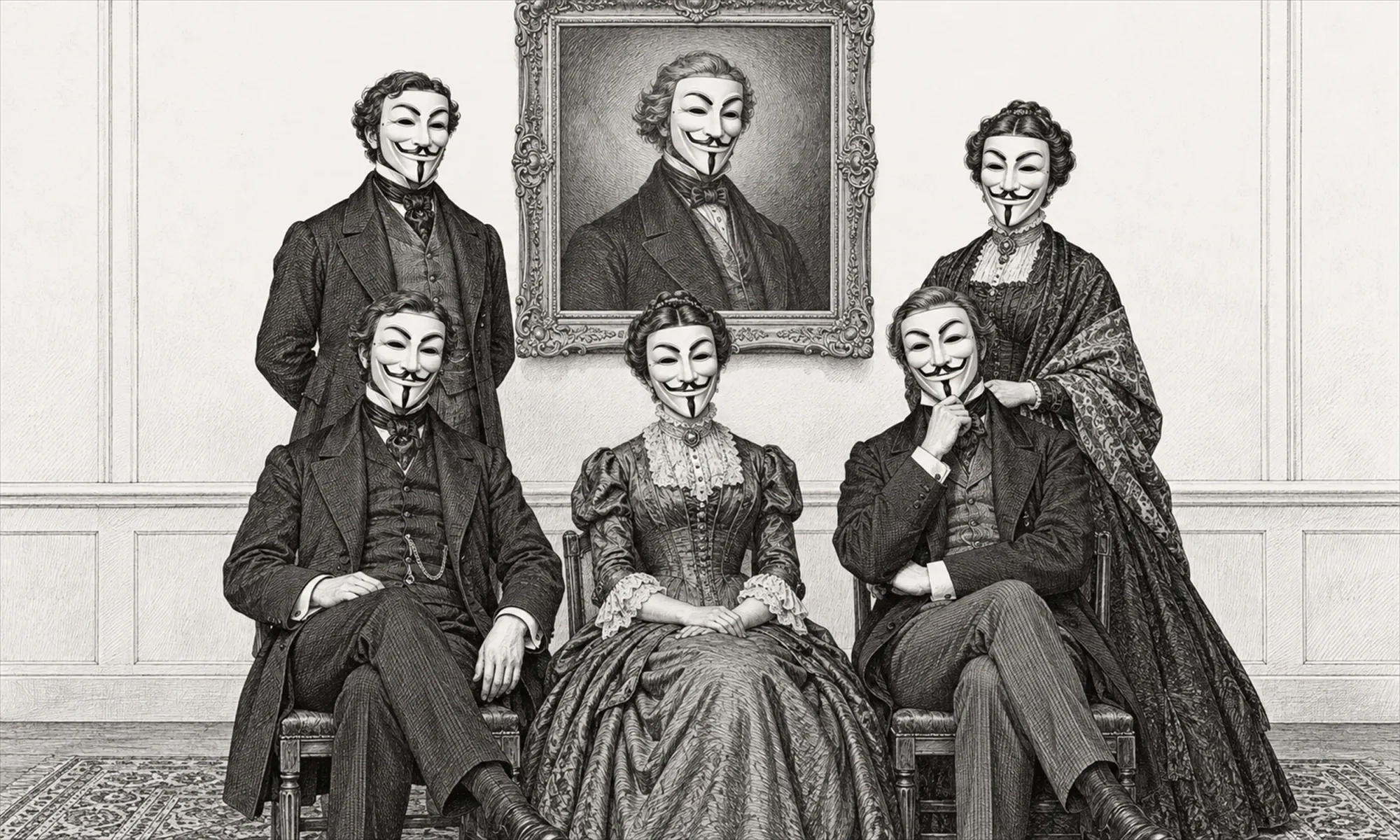 Five Victorians pose in identical Guy Fawkes masks. The founder in the framed portrait behind them wears the same mask.
