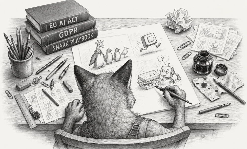 Black-and-white engraving from behind a fox at a drawing desk, sketching cartoons beside pens, ink, comic drafts, and books labeled EU AI Act, GDPR, and Snark Playbook.