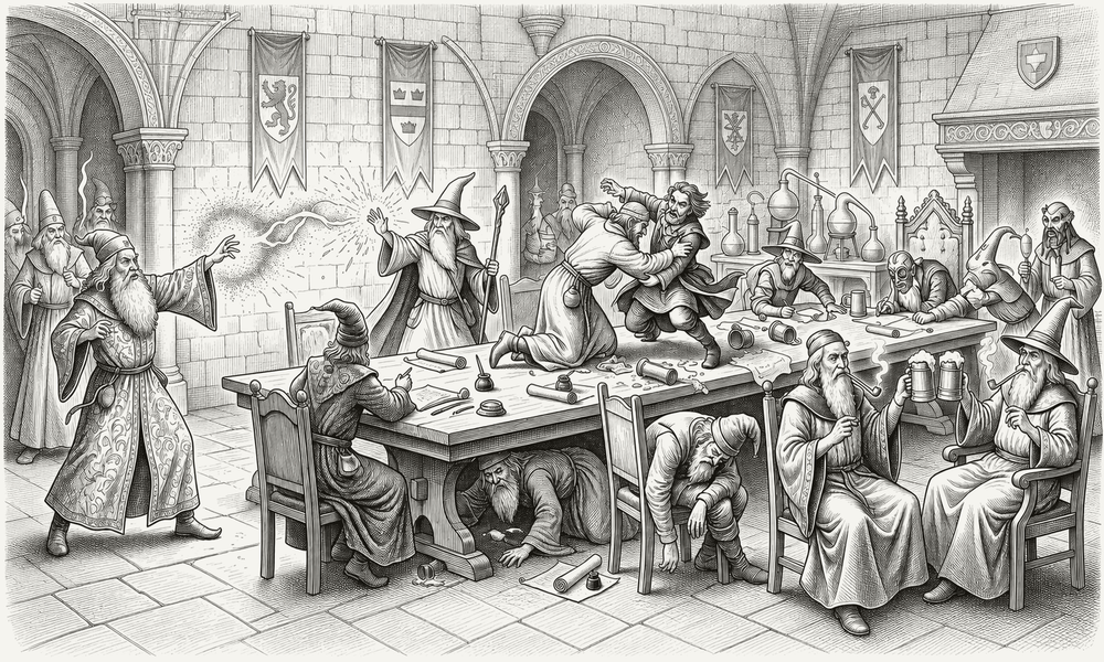 Antique engraving of a council of wizards around a long tavern table — sparks flying, two brawling on the tabletop, one asleep underneath, others calmly drinking from tankards.