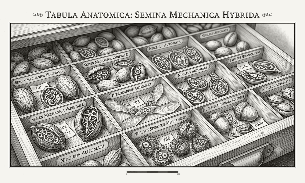 An antique engraving, “Tabula Anatomica: Semina Mechanica Hybrida”: a specimen drawer of seeds and nuts, many cut open to reveal clockwork gears, each labelled in mock Latin and numbered.