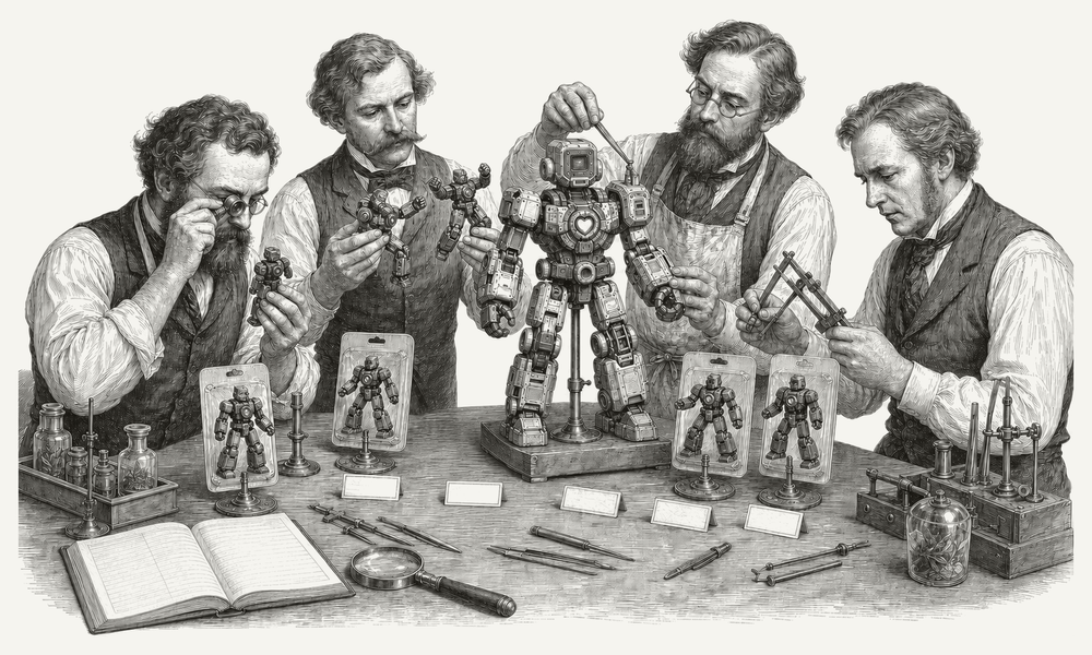 Four Victorian scholars gravely assemble small toy robots into one larger heart-chested figure, examining them like natural-history specimens. A 19th-century engraving.