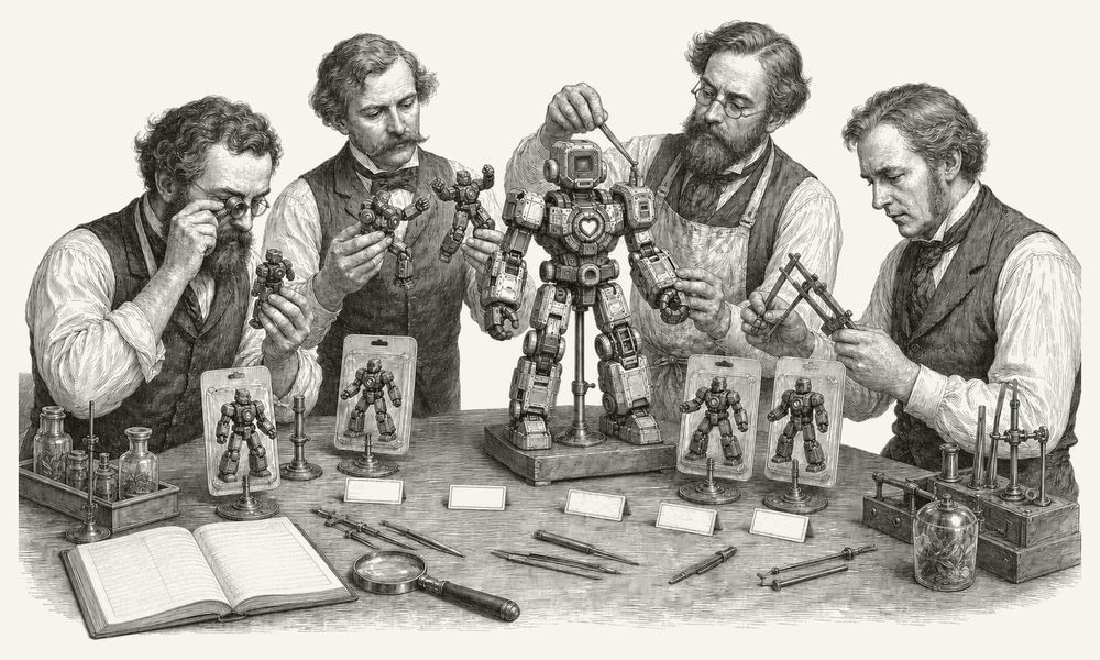 Four Victorian scholars gravely assemble small toy robots into one larger heart-chested figure, examining them like natural-history specimens. A 19th-century engraving.