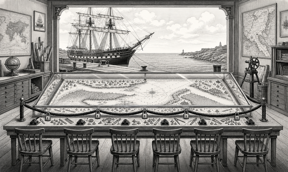 An empty harbor chart room holds a finished map behind glass and padlocks while a ship waits outside beside an open sea channel.