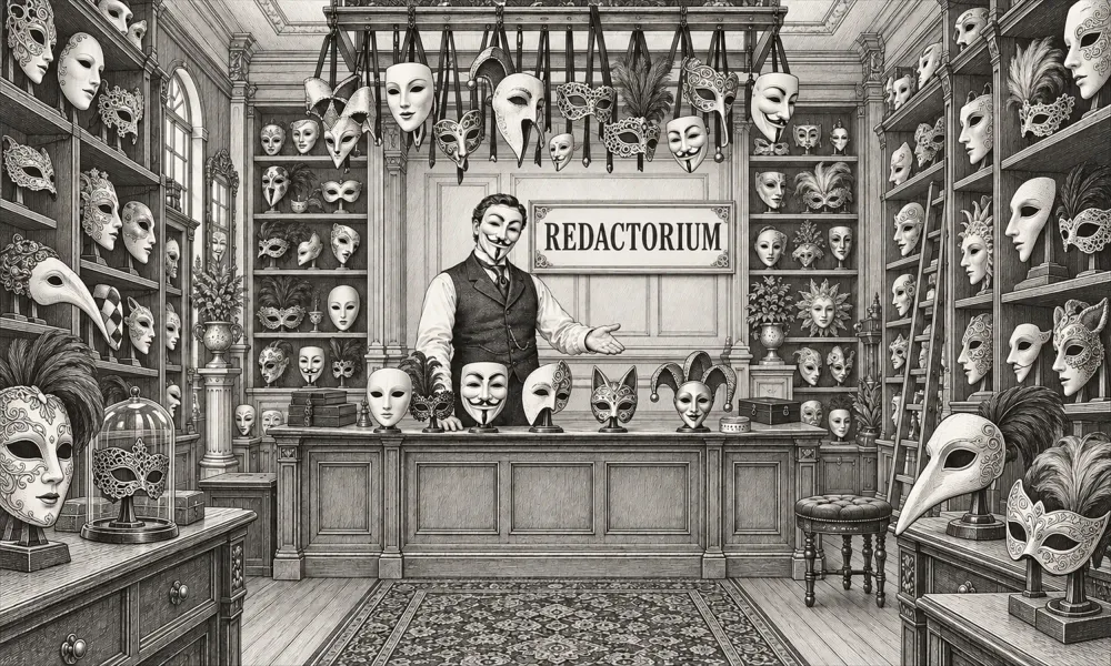 An anonymous Victorian shopkeeper welcomes visitors to REDACTORIUM, surrounded by ornate full-face masks, half-masks, and feathered eye masks.