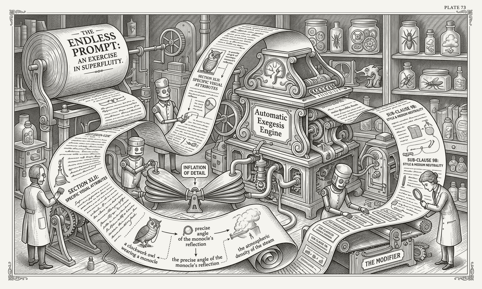 A roll of paper used for writing prompts on being fed into a complex series of machinery designed to make simple prompts more complicated for no good reason.