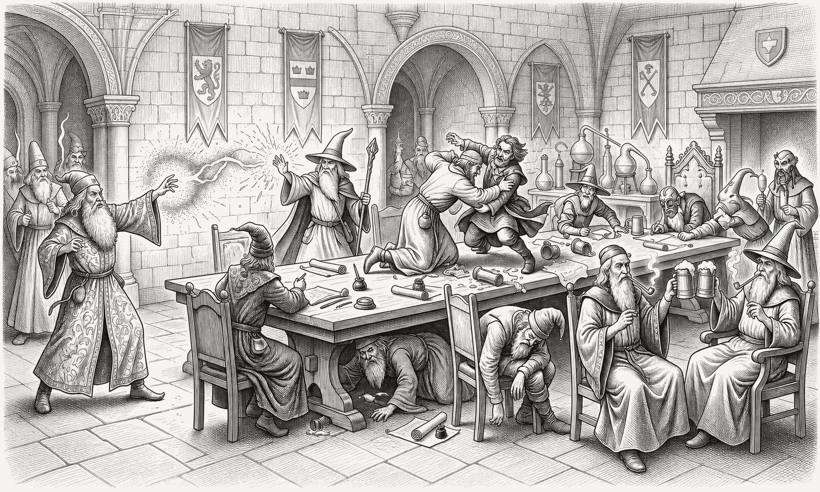 Antique engraving of a council of wizards around a long tavern table — sparks flying, two brawling on the tabletop, one asleep underneath, others calmly drinking from tankards.
