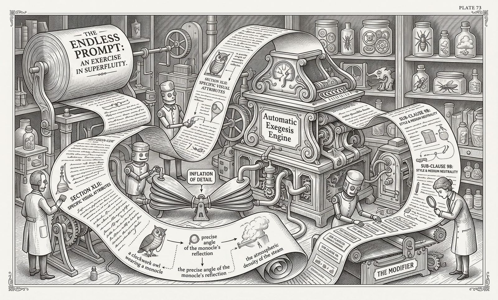 A roll of paper used for writing prompts on being fed into an complex series of machinery designed to make simple prompts more complicated for no good reason.