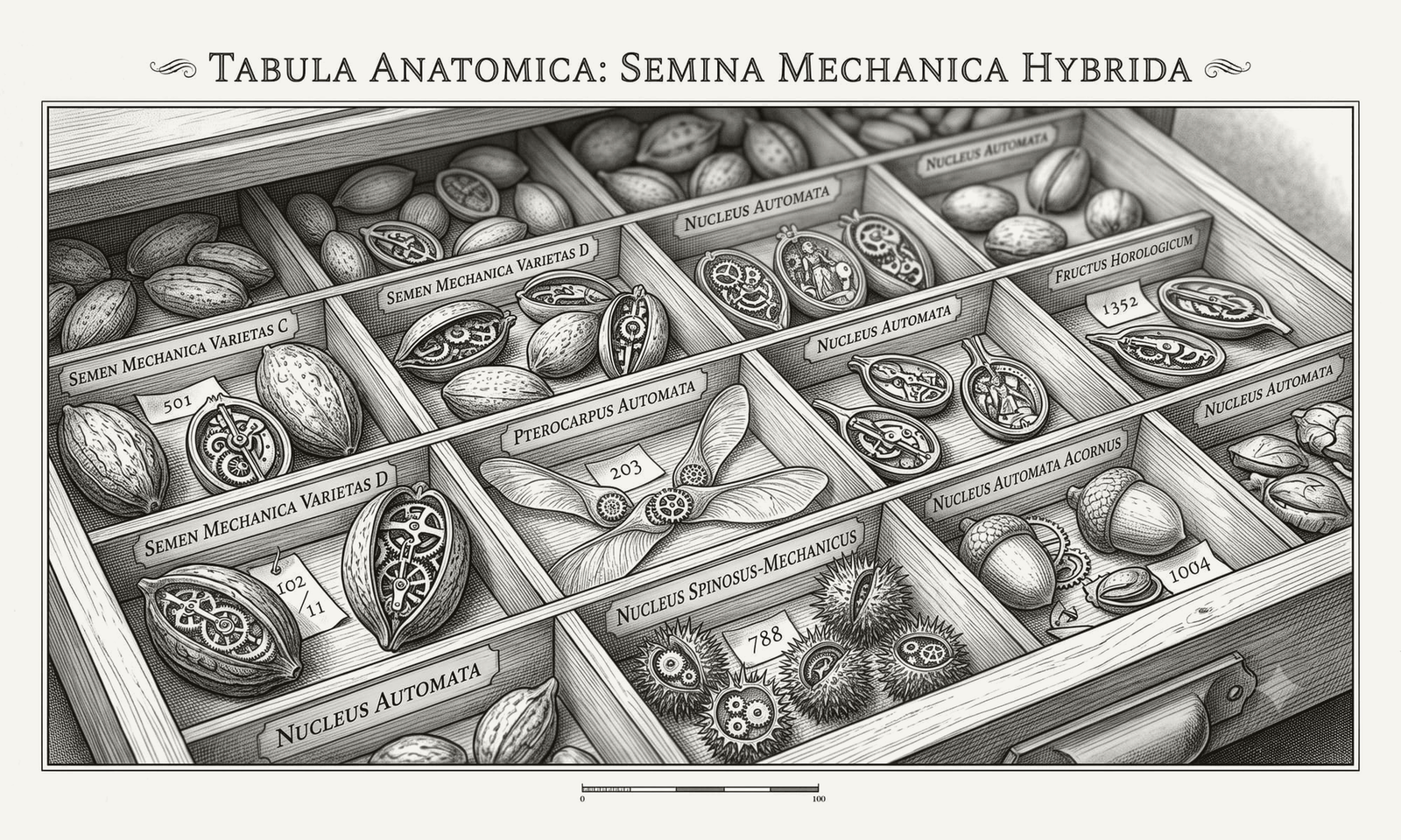 An antique engraving, “Tabula Anatomica: Semina Mechanica Hybrida”: a specimen drawer of seeds and nuts, many cut open to reveal clockwork gears, each labelled in mock Latin and numbered.