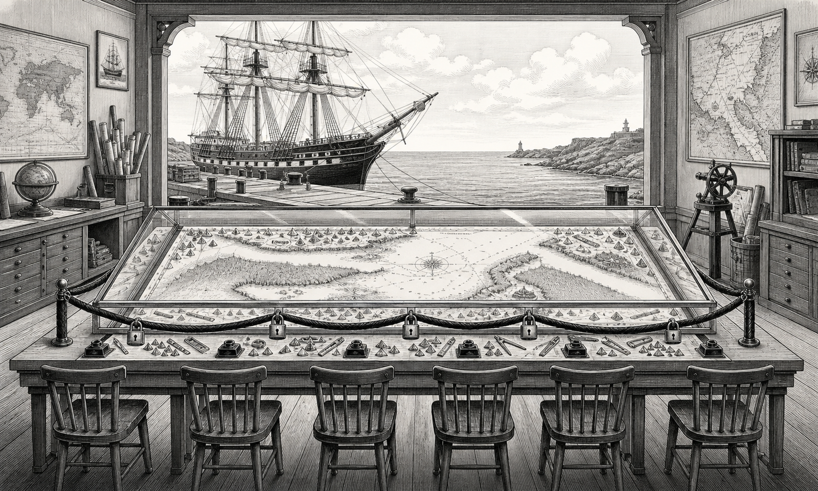 An empty harbor chart room holds a finished map behind glass and padlocks while a ship waits outside beside an open sea channel.
