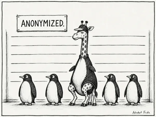 A police lineup against a height chart. Four penguins stand in a row and among them a giraffe in a penguin costume, beak cap and dark cape, towering over the rest. A sign on the wall reads ANONYMIZED.