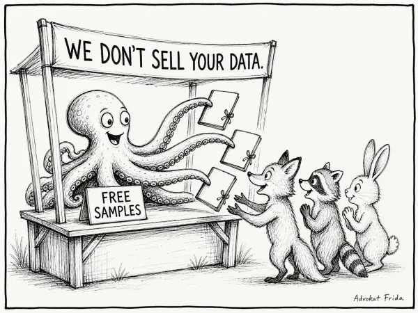 A market stall under a banner reading WE DON'T SELL YOUR DATA. An octopus behind the counter uses its arms to hand cards out of a box marked FREE SAMPLES to a fox, a raccoon and a rabbit.
