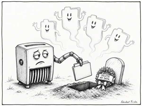 A paper shredder lowers a file into an open grave. The headstone reads DELETE MY DATA. Four cheerful ghosts of the same document drift up behind it.