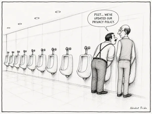 A long row of urinals. Two men stand at adjacent ones and one leans across to whisper, PSST... WE'VE UPDATED OUR PRIVACY POLICY.