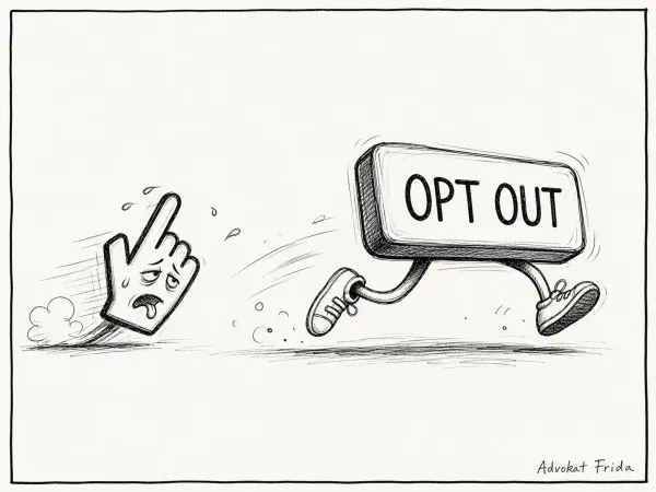 A giant button labelled OPT OUT has sprouted legs and is sprinting away, leaving a pointing hand cursor grasping at empty air.