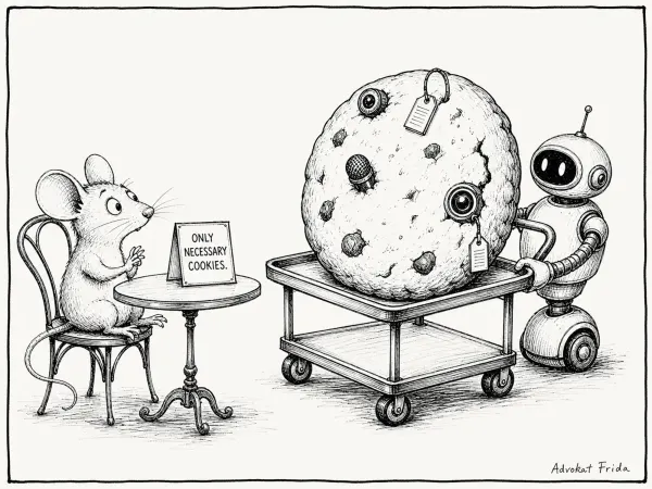 A mouse sits at a small cafe table beside a card reading ONLY NECESSARY COOKIES. A robot wheels over an enormous cookie whose chocolate chips are camera lenses.