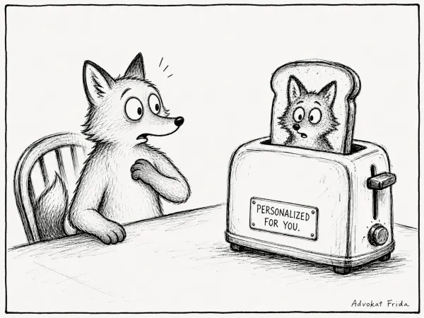 A fox at a table recoils as a toaster labelled PERSONALIZED FOR YOU pops up a slice of toast bearing the fox's own startled face.