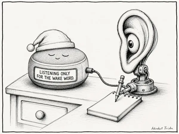 A smart speaker wearing a nightcap dozes with its eyes shut, labelled LISTENING ONLY FOR THE WAKE WORD. A cable runs from it to a large ear with an eye set inside, which drives a mechanical arm taking notes on a pad.