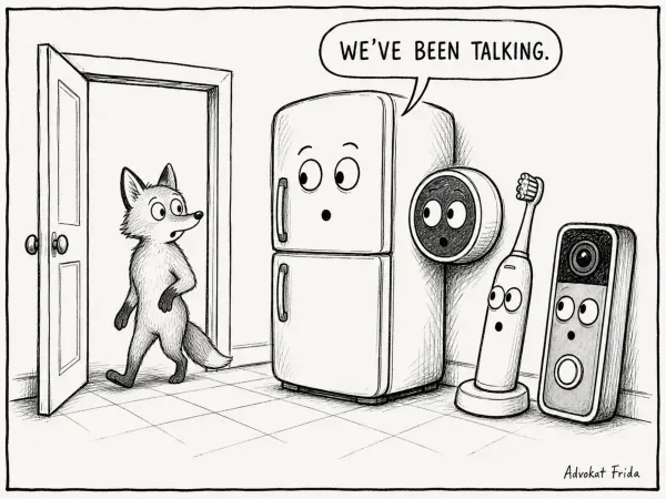 A fox opens a door to find the appliances waiting for him: a fridge, a smart plug, an electric toothbrush and a video doorbell, all with eyes. The fridge says, WE'VE BEEN TALKING.