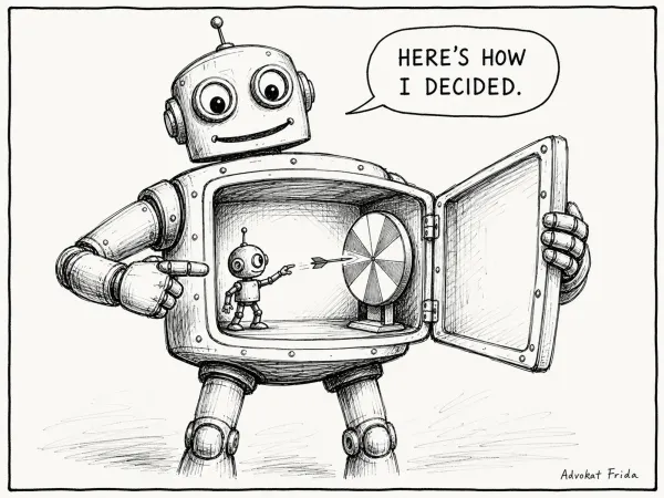 A large robot holds open a hatch in its own chest and says, HERE'S HOW I DECIDED. Inside, a tiny robot gestures at a spinning prize wheel.