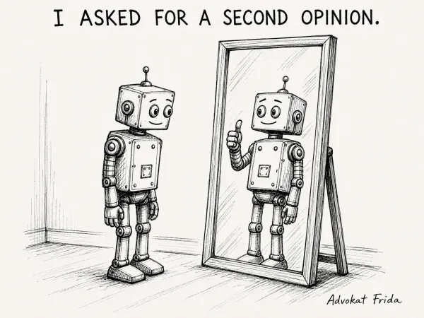 A robot stands in front of a full-length mirror and the reflection gives it a thumbs up. The line above the panel reads I ASKED FOR A SECOND OPINION.