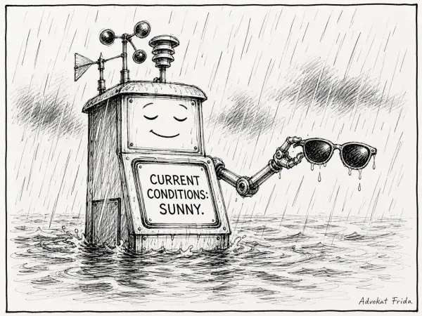 A weather station on stilts stands chest-deep in floodwater with rain pouring down. Its display reads CURRENT CONDITIONS: SUNNY, and a mechanical arm offers out a pair of sunglasses.