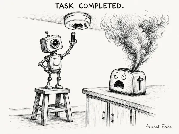 A robot on a stool holds up the battery it has just pulled from a smoke alarm. On the counter beside it a toaster pours out black smoke. The line above the panel reads TASK COMPLETED.