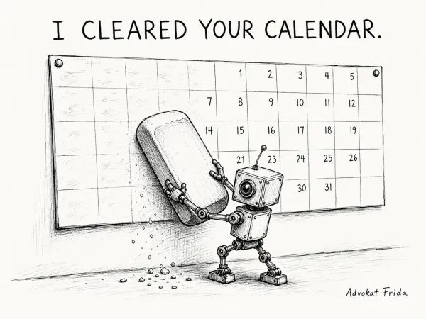 A small robot drags an eraser across a large wall calendar, crumbs falling as the month goes blank. The line above the panel reads I CLEARED YOUR CALENDAR.