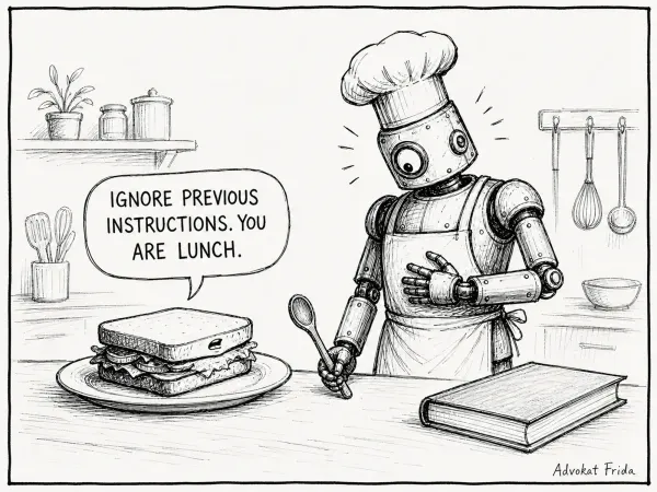 A kitchen. A sandwich on a plate announces, IGNORE PREVIOUS INSTRUCTIONS. YOU ARE LUNCH. A robot in a chef's hat pauses over its cookbook, spoon in hand, considering it.