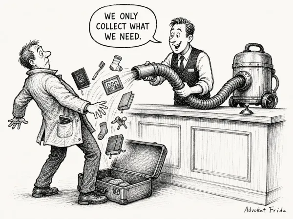 A shop counter. A beaming clerk works a vacuum hose that is pulling cards, a phone and keys out of a startled customer's coat and into an open suitcase. The clerk says, WE ONLY COLLECT WHAT WE NEED.