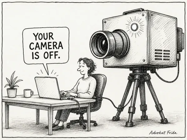 A woman works at a laptop at her desk. An enormous plate camera on a tripod, cabled to the laptop, is aimed squarely at her. A speech balloon reads YOUR CAMERA IS OFF.