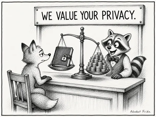 A pawn-shop counter under a sign reading WE VALUE YOUR PRIVACY. A fox watches, unimpressed, as a bow-tied raccoon appraiser weighs her padlocked diary on a balance scale against a heap of coins. The coins are winning.