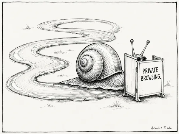 A snail tucks itself behind a small folding modesty screen labelled PRIVATE BROWSING, wearing dark glasses, while the enormous glistening trail it has just left winds back across the entire panel.