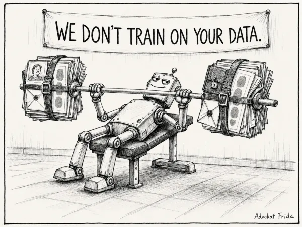 A gym. Under a banner reading WE DON'T TRAIN ON YOUR DATA, a robot lies on a bench press, smirking, pushing up a barbell whose weight plates are thick stacks of personal records: ID photographs, fingerprint cards, sealed envelopes and a padlocked folder.