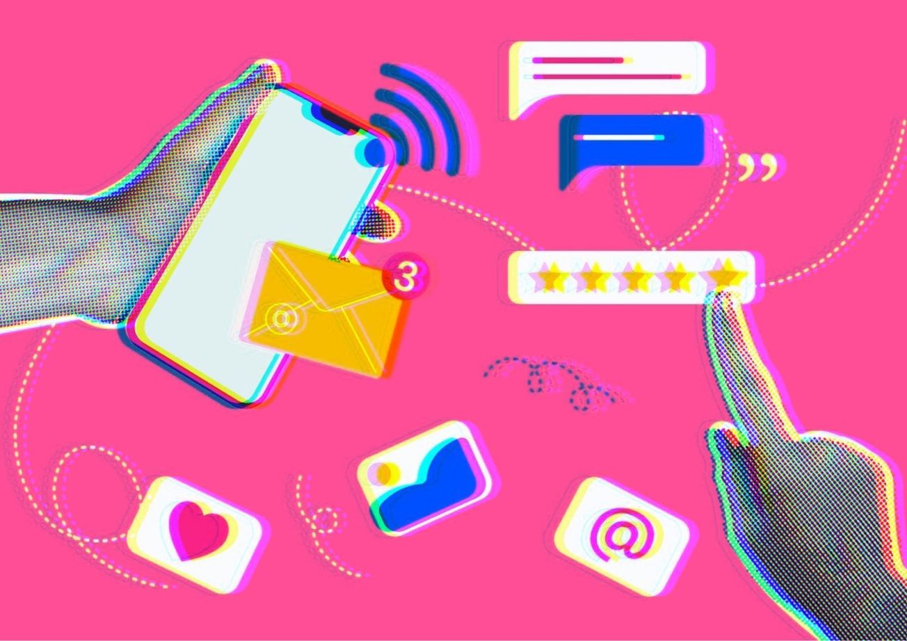 Illustration of social media algorithm problems showing notifications, likes, and ratings manipulated by hidden systems