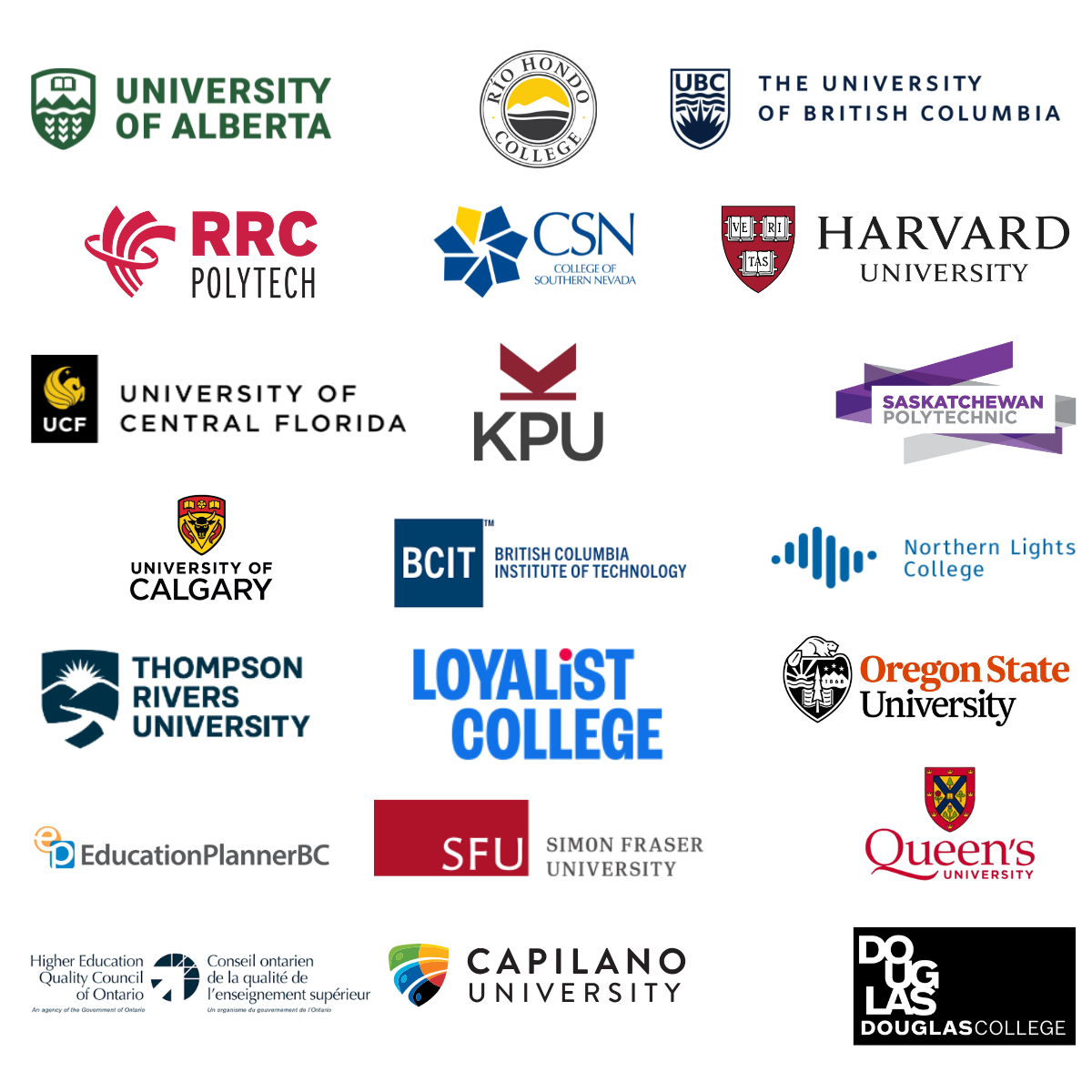 Past client logo's: University of Alberta, Río Hondo College, The University of British Columbia, RRC Polytech, College of Southern Nevada, Harvard University, University of Central Florida, Kwantlen Polytechnic University, Saskatchewan Polytechnic, University of Calgary, British Columbia Institute of Technology, Northern Lights College, Thompson Rivers University, Loyalist College, Oregon State University, EducationPlannerBC, Simon Fraser University, Queen's University, Higher Education Quality Council of Ontario, Capilano University, Douglas College