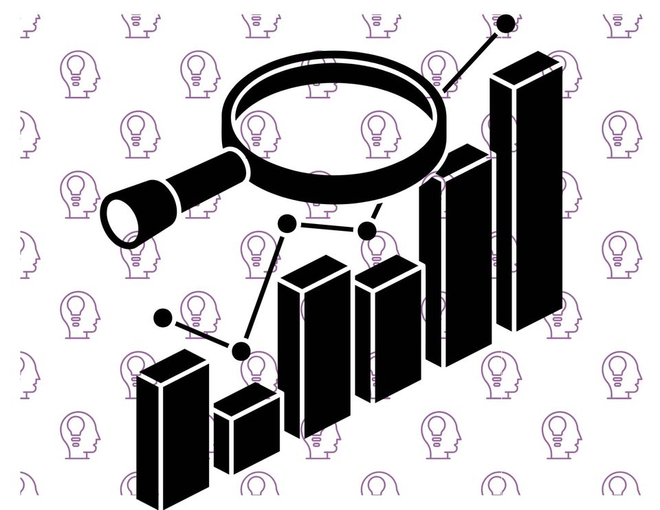 Image: Graphic of a magnifying glass hovering over a 3D bar chart, with the background filled with a repeated pattern of line drawings of a person with an idea lightbulb