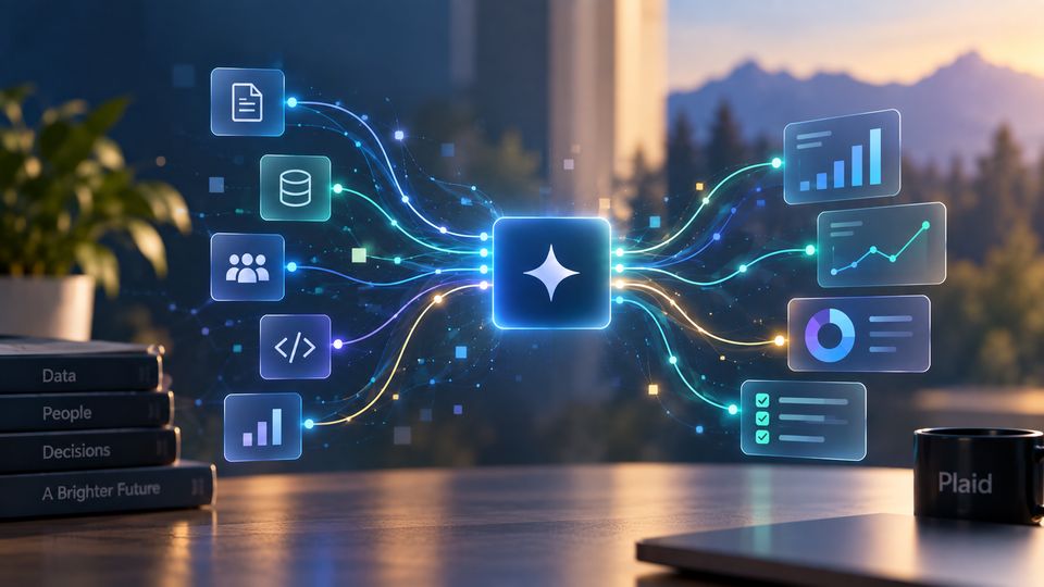 Abstract visualization of data, documents, people, and analytics flowing through a central AI agent into charts and insights.