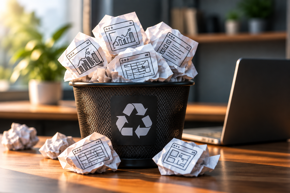 Recycle bin filled with discarded software prototypes.