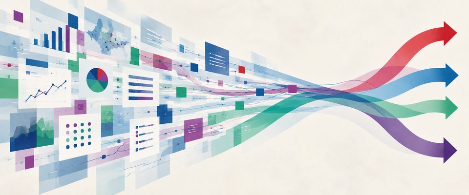 ata visualizations converge and branch into four different paths, representing the choices that remain after analysis.